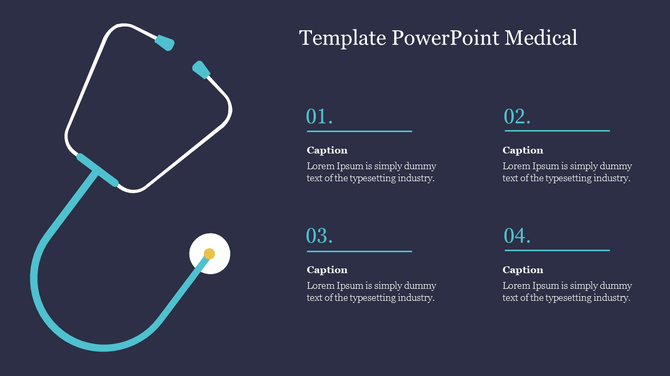 Medical template with a stethoscope illustration on the left and four numbered text sections on a dark background.