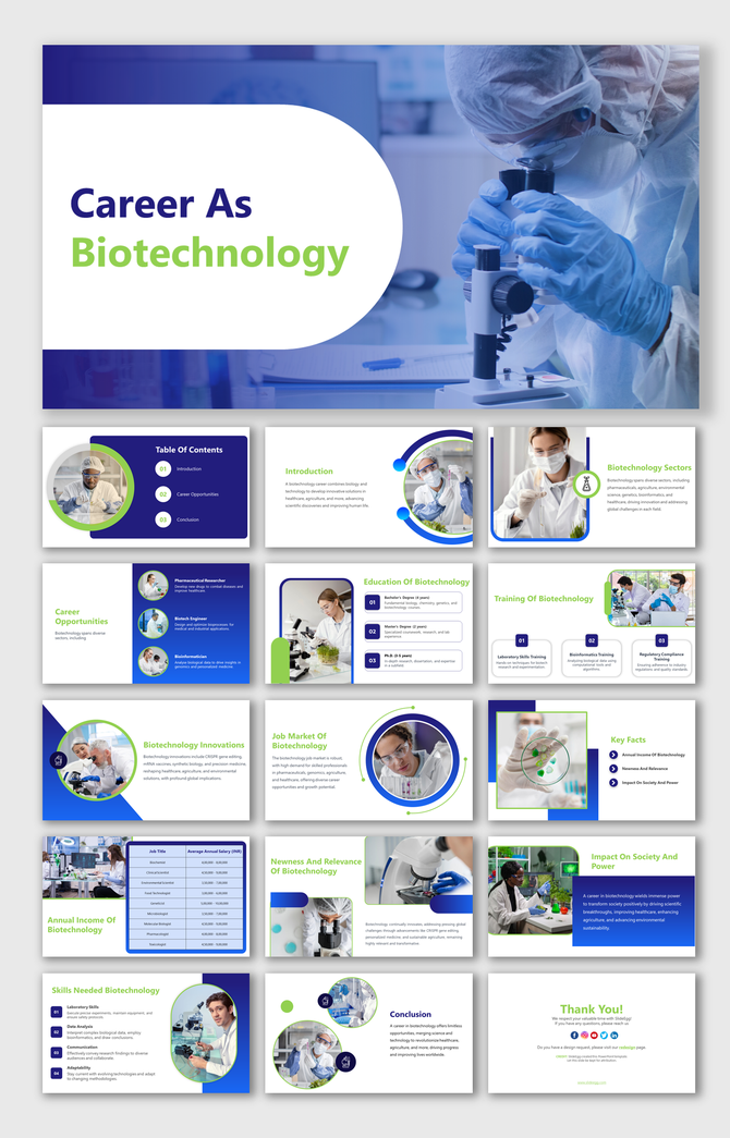 Slide deck showing scientist in protective gear working with a microscope, with the text career as biotechnology displayed.