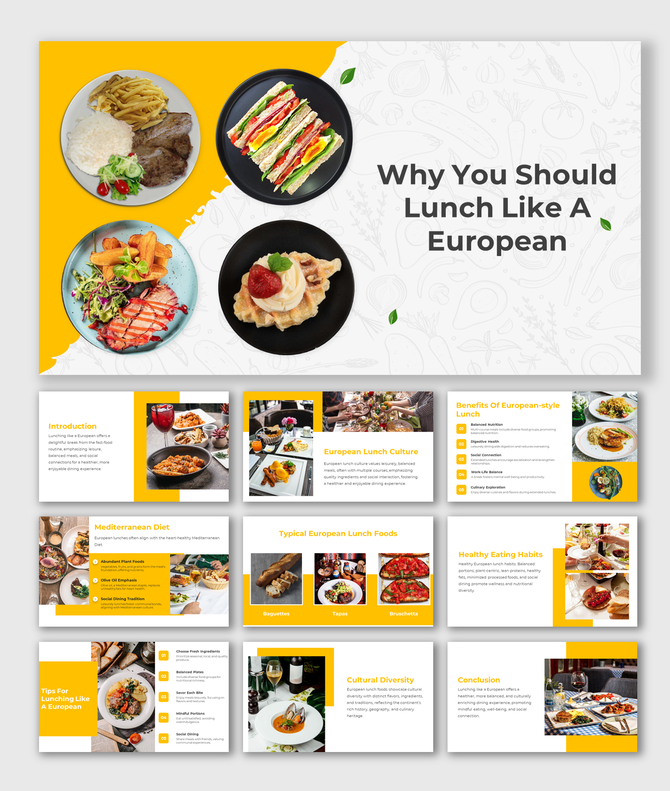 Lunch like a European slide deck with yellow accents, plate visuals, and placeholders for culture, diet, tips, and benefits.