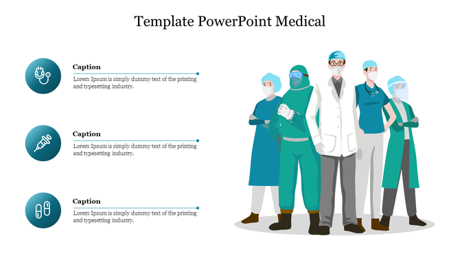 Healthcare team professionals illustration with three teal circular icons and captions, representing medical tools.