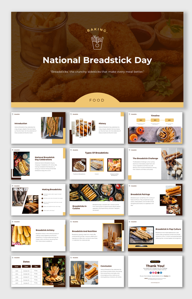 Food-themed slides on breadsticks, including sections on making, pairing, and their place in cuisine and nutrition.