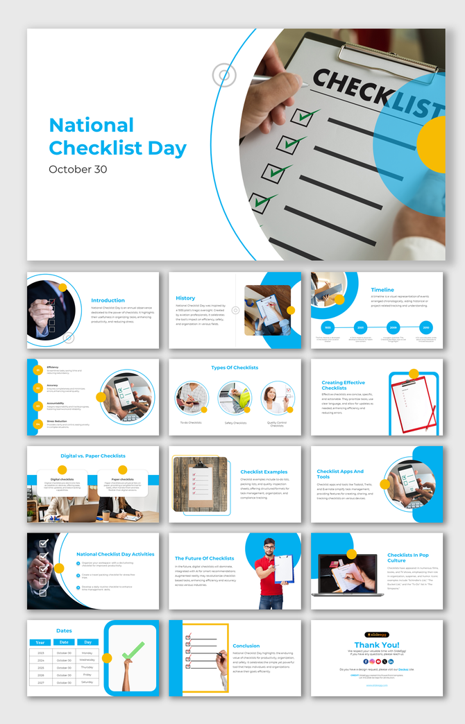 Slide deck celebrating National Checklist Day, highlighting the benefits of digital versus paper checklists on a blue theme.