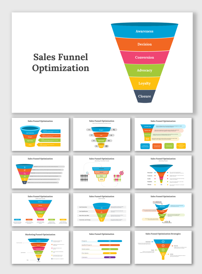 A colorful sales funnel diagram PPT slides illustrating key steps from awareness to closure in different layout designs.