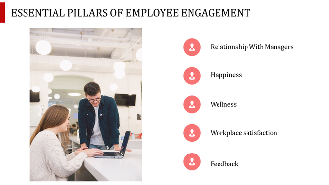 Employee engagement slide with a photo of two coworkers discussing at a desk and a list of five text with pink icons.