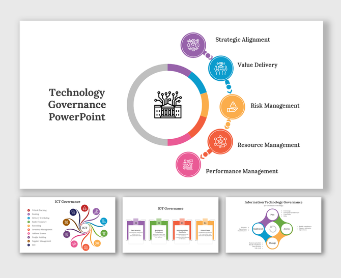 Technology governance slide deck with a circular chart, highlighting areas from strategic alignment to risk management.
