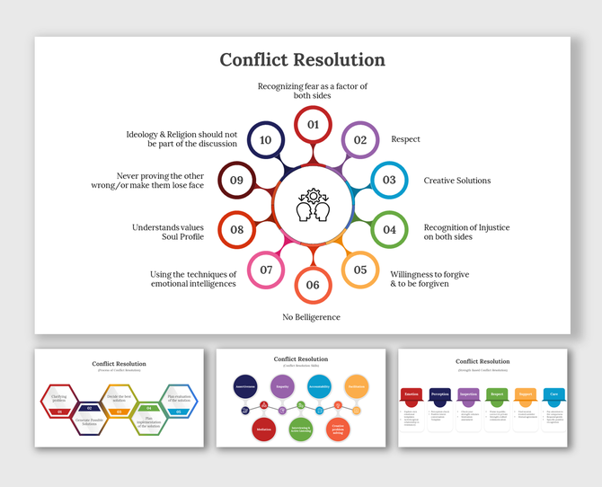 Conflict resolution slides with colorful circular and hexagonal diagrams, covering many strategies.