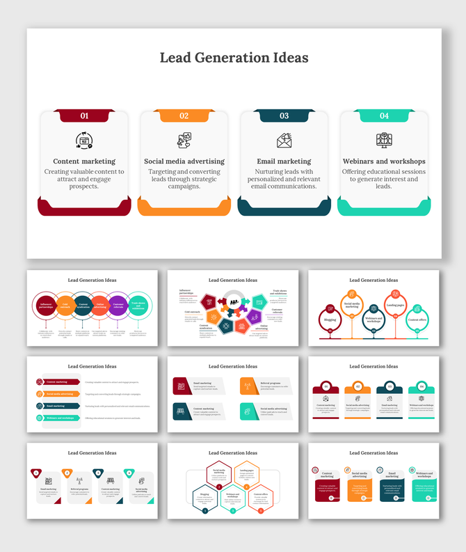 Slide deck on lead generation ideas with sections for content marketing, social media, email marketing, and webinars.