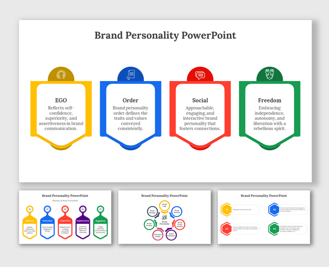 Brand Personality slides showcasing four personality traits with icons in different colorful layouts with text descriptions.