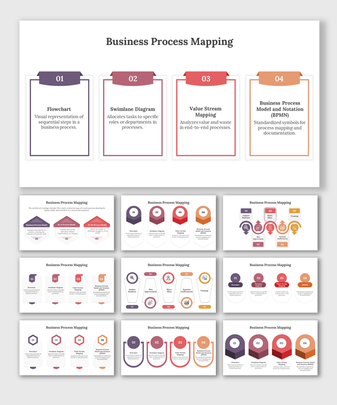 Slide deck with multiple layouts showcasing business process mapping steps in various designs and vibrant colors.