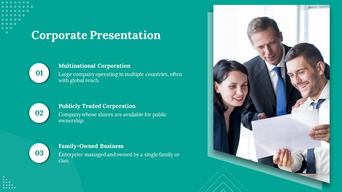 Corporate slide with a teal background, featuring a list and a rightside framed image of three professionals in conversation.