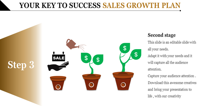 Three brown plant pots at different growth stages with green dollar leaves, a watering can, and sales icon.