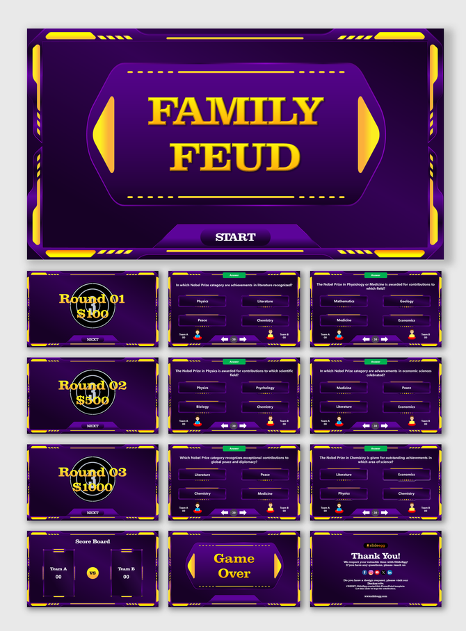 Vibrant purple and yellow family feud game slide deck with interactive quiz rounds and scoreboard visuals.