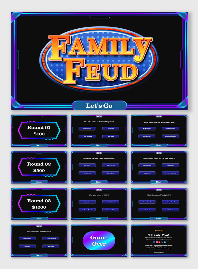 Literary quiz Family Feud template featuring black backgrounds, glowing buttons, three prize rounds, and author questions.