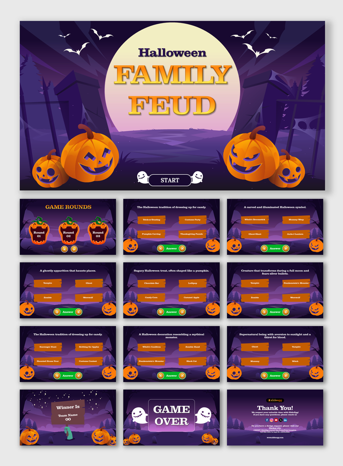 Halloween family feud slides featuring spooky pumpkins, bats, and questions about traditions and creatures on a purple theme.