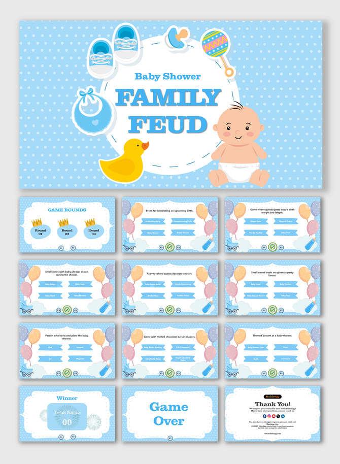 Family Feud game slides for baby shower with baby, rubber duck, and game rounds featuring baby related activities.