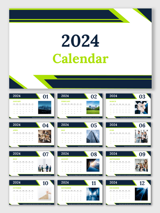 2024 calendar slides with modern blue and green geometric accents, featuring professional images and quotes for each month.