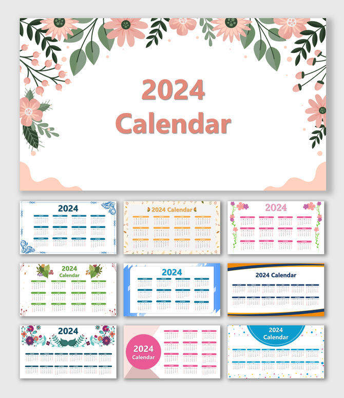 Minimalistic 2024 calendar slide deck showcasing vibrant floral borders and creative layouts.