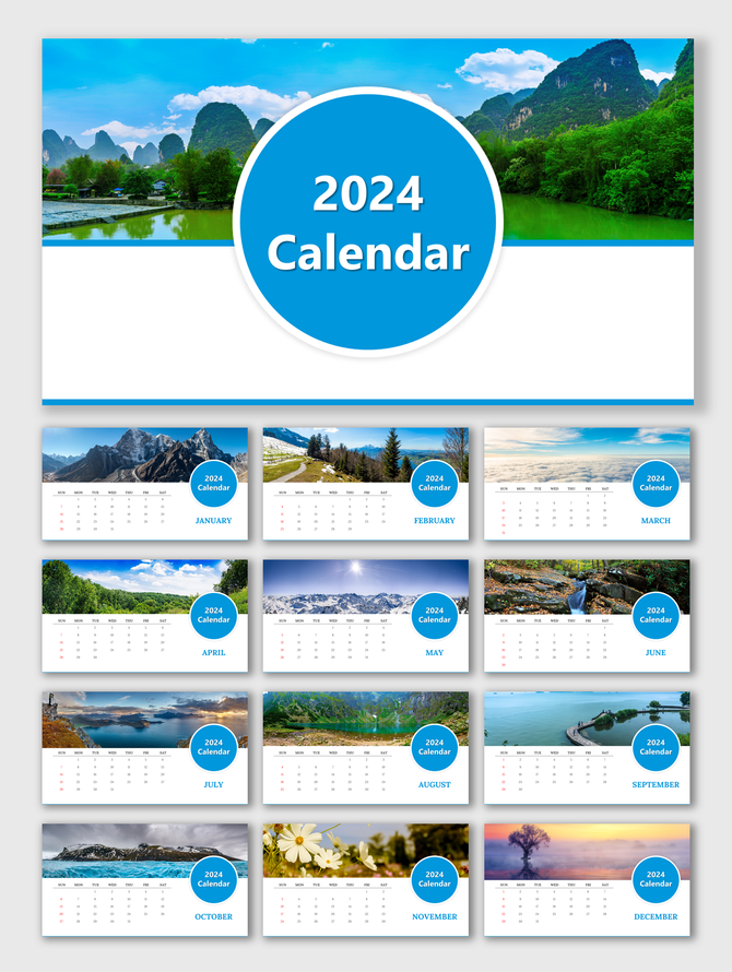 2024 calendar template for Google Slides with scenic nature backgrounds for each month.