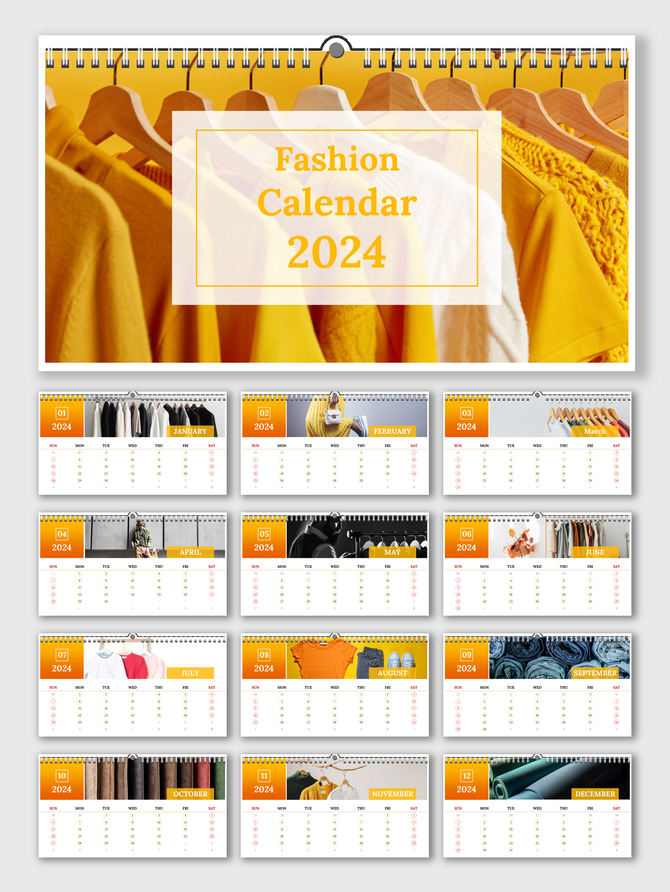 2024 fashion calendar slides featuring stylish clothing images for each month, with a vibrant yellow theme and month labels.