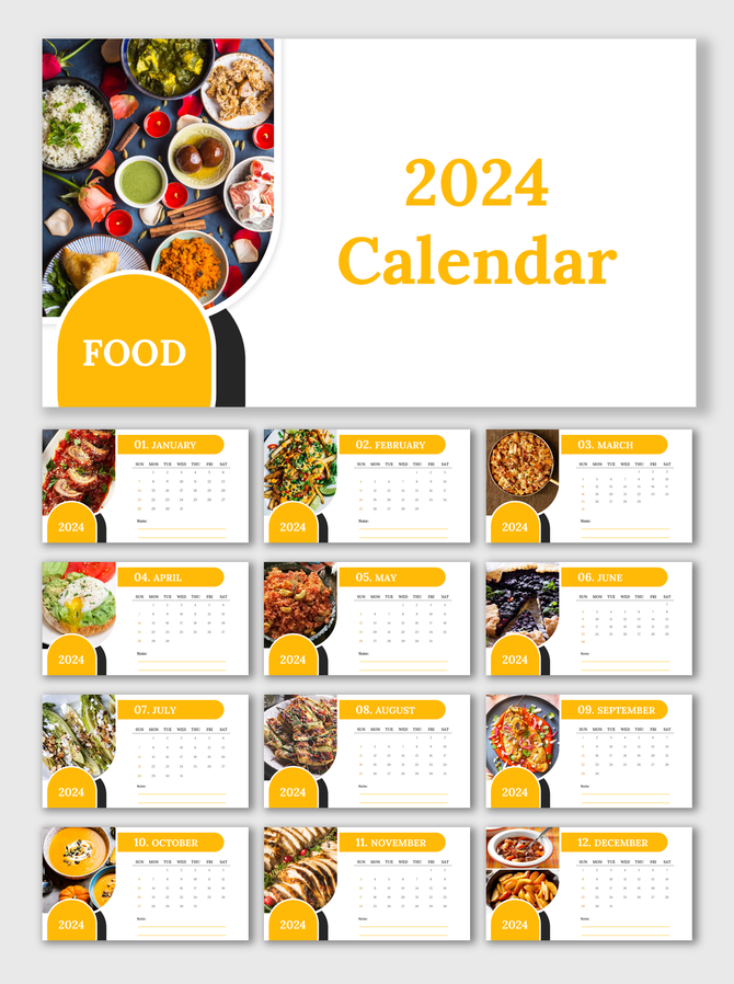2024 calendar slides featuring monthly layouts with colorful food images for each month.