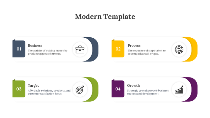 Modern infographic design with four rounded blocks, each showing a step number, icon, and description in bold color schemes.
