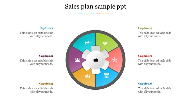 Circular sales plan infographic with six colored segments, featuring icons, and captions labeled from 1 to 6 around it.