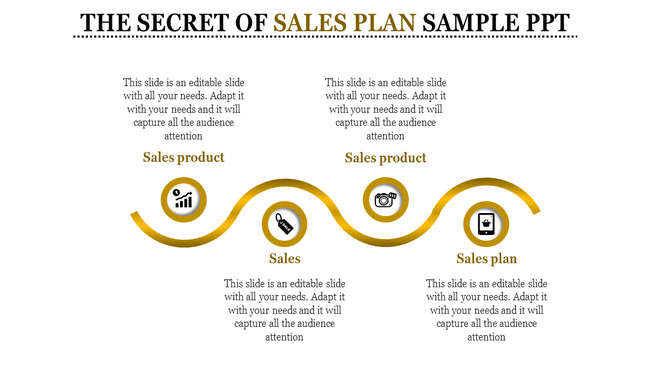 A sales plan sample PPT slide with icons for sales products and sales plans, including a graph and camera symbols.