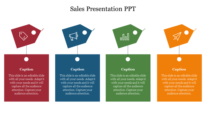 Sales template with four colored sections featuring icons of a tag, megaphone, bar chart, and paper plane.