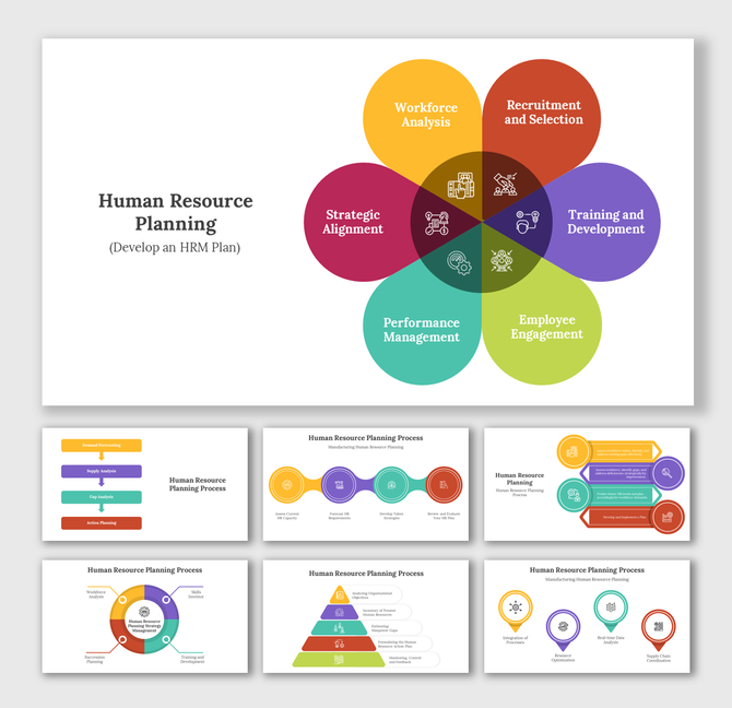 Slide deck with a central flower like diagram showing human resource planning components in orange, red, purple, and green.