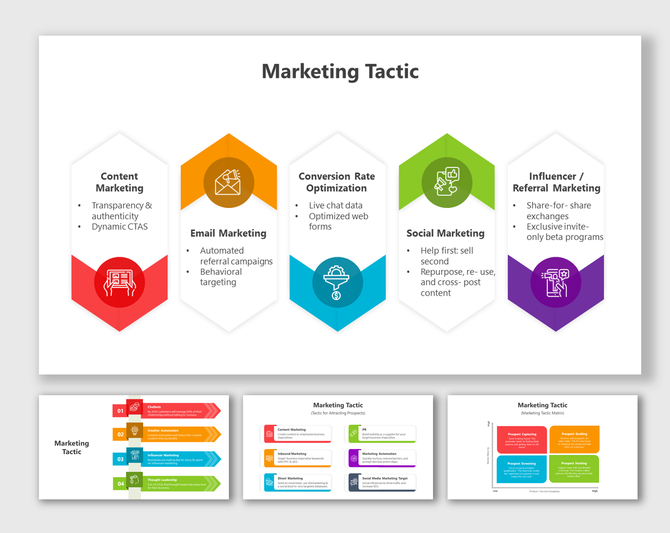 Five-part hexagon infographic on marketing tactics with icons in colorful sections, arranged horizontally.