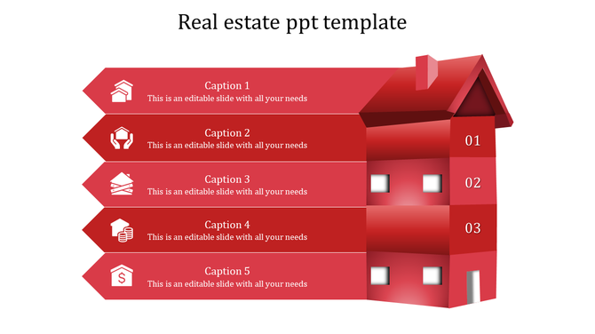 Red 3D house with five captions aligned to the left, each showing icons and descriptions for real estate concepts.