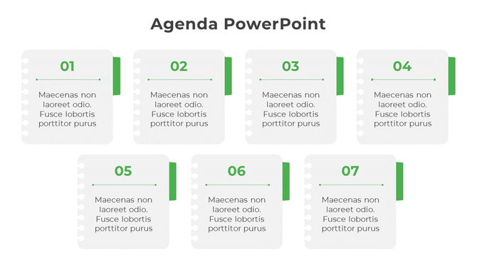 Agenda PPT template with green numbered sections, each containing placeholders for title and text descriptions.