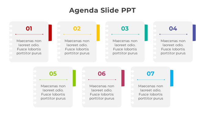 Agenda slide with seven numbered sections, each with text fields, designed in colorful tabbed paper style elements.