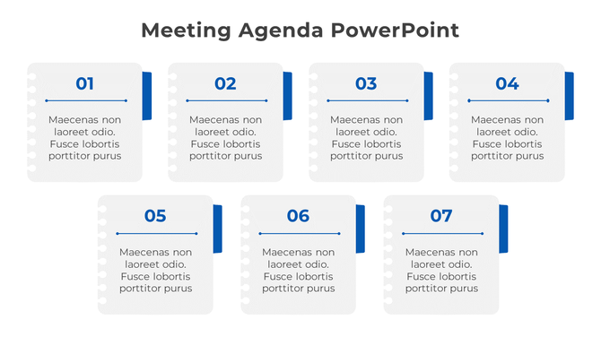 Meeting agenda template with seven numbered blocks arranged in two rows, each containing placeholders text areas.