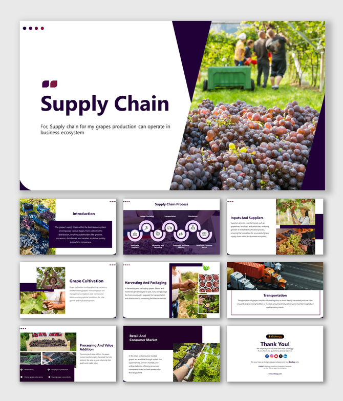 Grape supply chain process deck with images of vineyards, logistics, and integration, emphasizing the business ecosystem.
