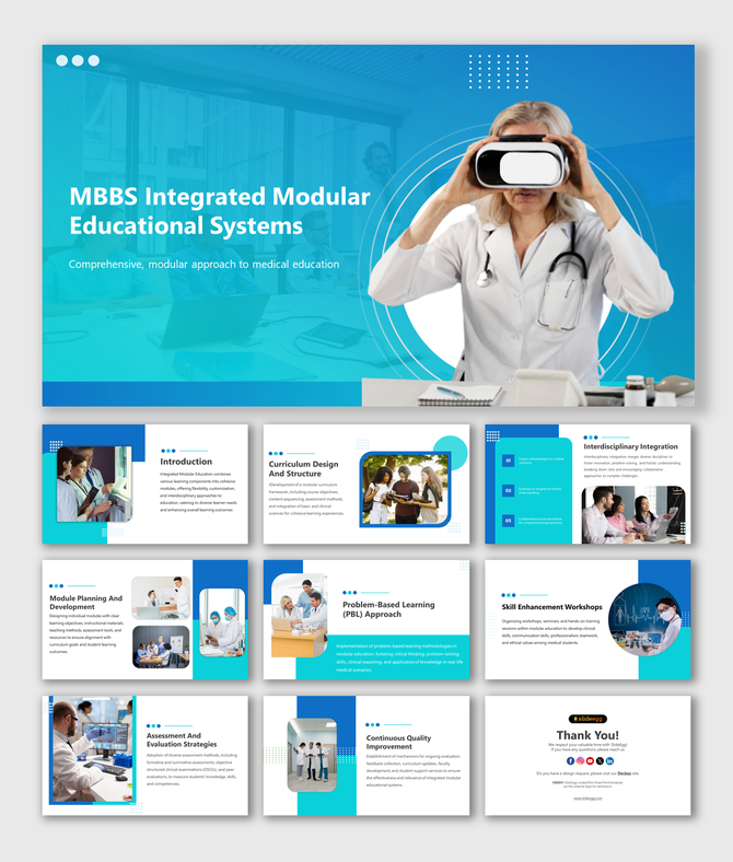 Blue themed slides on integrated medical education, showing curriculum design, assessment, and skill enhancement strategies.
