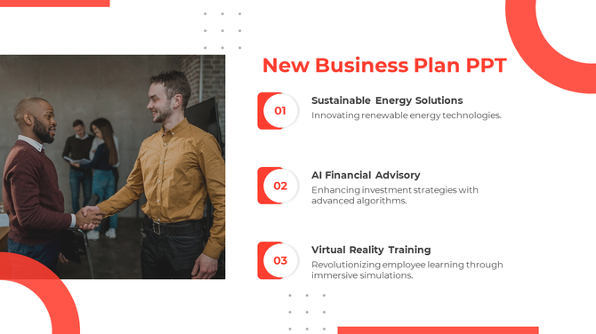 Slide featuring a handshake photo on the left and a list of three business plan elements on the right with red accents.