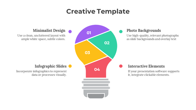 Creative template featuring a light bulb split into four colorful numbered sections, each with a label and description.
