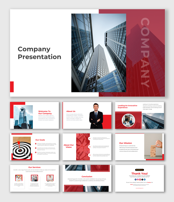 Company PPT presentation slides showcasing modern design with images of buildings, goals, mission, and services sections.