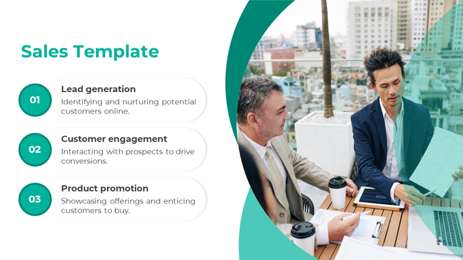 Sales template with numbered highlights on the left and a professional team discussion image on the right.