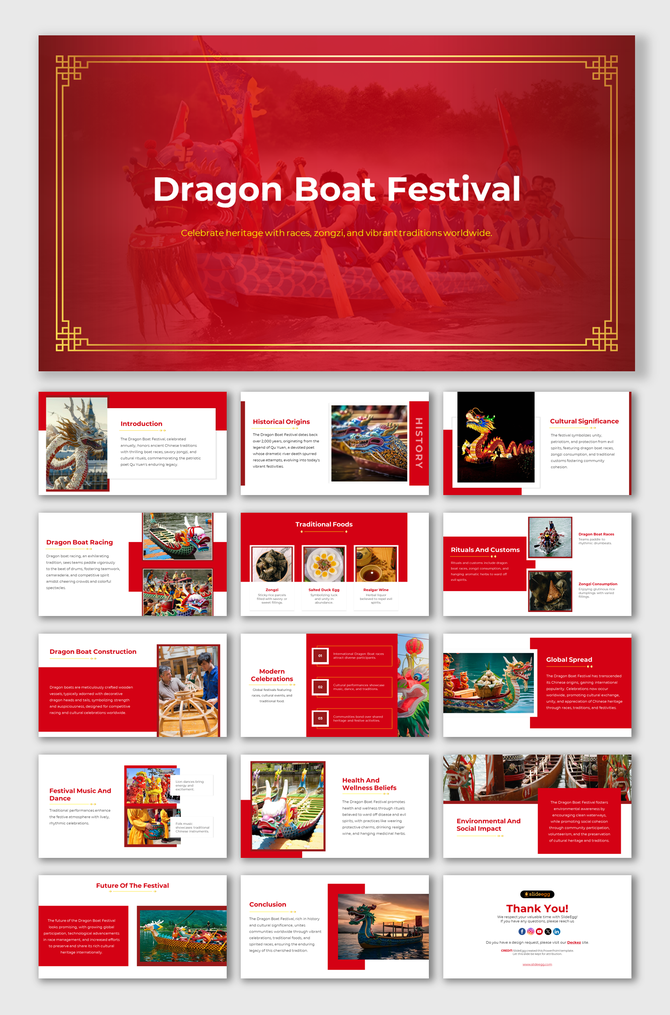 Slides detailing the dragon boat festival with photos of races, traditional foods, and cultural customs, in red theme.