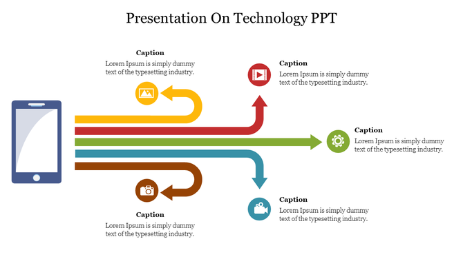 A technology PPT slide with arrows pointing towards different icons such as a camera, video, and settings along with text.