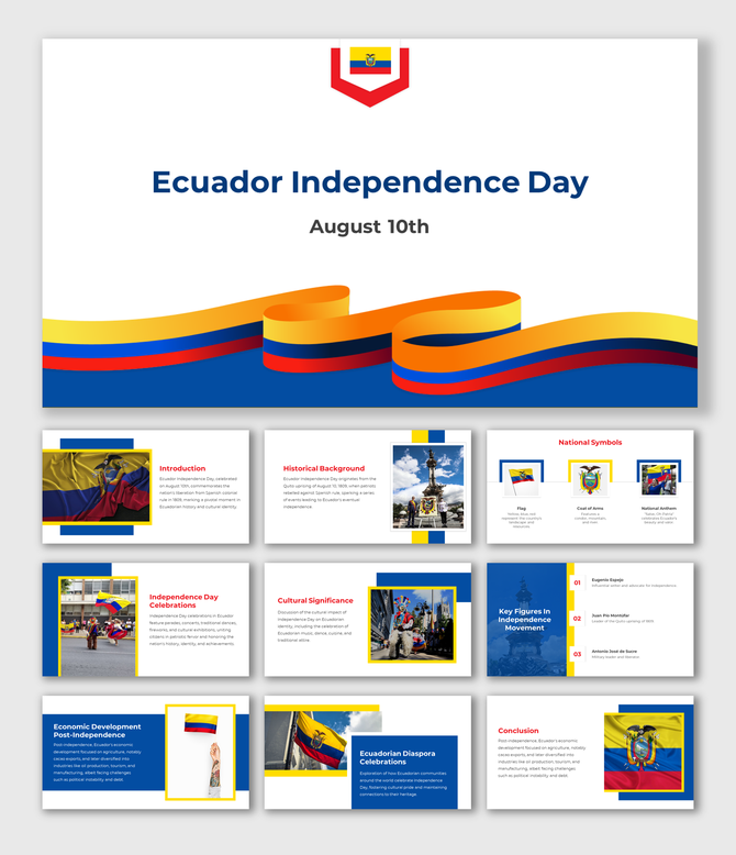 Ecuador’s August 10th Independence Day, showing flags, parades, and national pride through bold colored layouts.