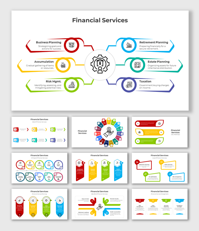 Financial services PowerPoint slides in different colorful layout designs with icons and text descriptions on a white theme.