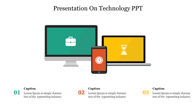 Technology themed slide showing a desktop monitor, a smartphone with a clock icon, and a laptop with an hourglass icon,