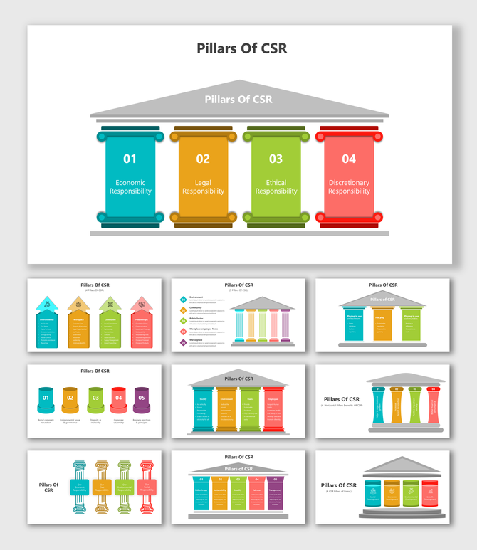 CSR pillar slides represented in colorful columns under a roof, showcasing core responsibilities in various layouts.