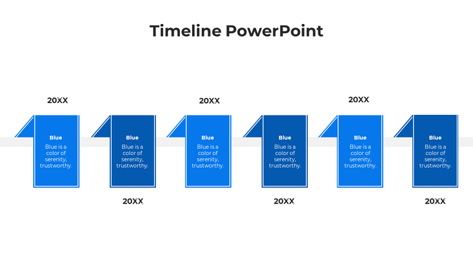Minimalist timeline featuring six blue shapes with captions, evenly spaced along a horizontal line with year placeholders.