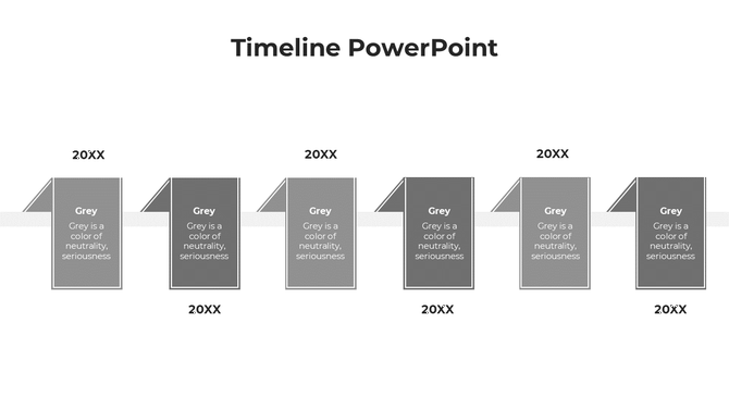 Timeline featuring six alternating gray cards with triangular folds, and a white horizontal line linking the elements.