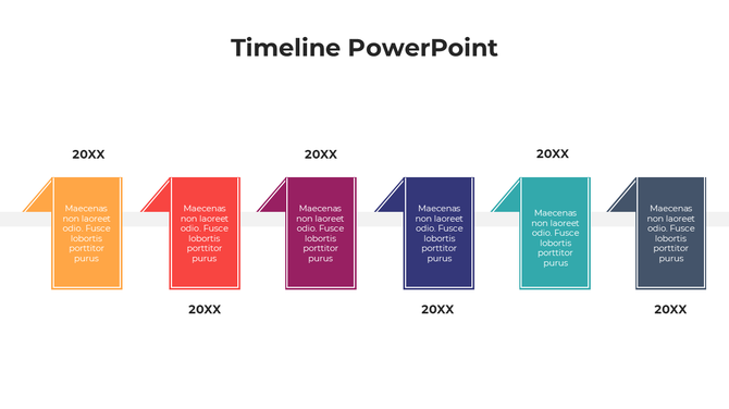 Modern timeline featuring six colorful banners in alternating positions, connected to a white horizontal bar labeled '20XX.