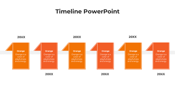 Modern timeline with six orange folded page elements, arranged in a sequence along a horizontal path with placeholder years.